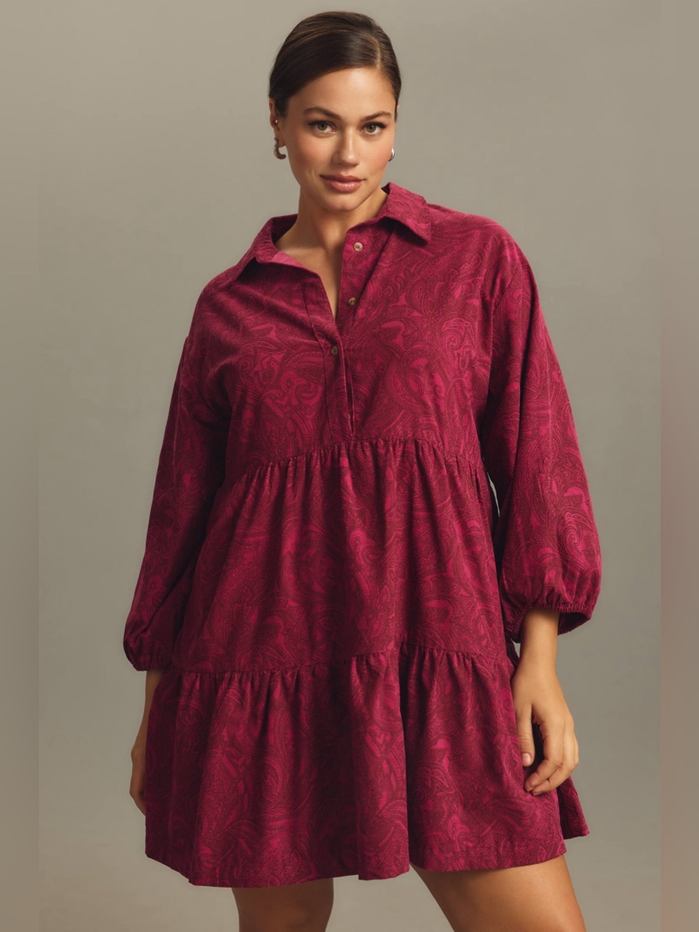 Maeve 'Bettina' magenta Corduroy Paisley Knee Dress Long Sleeve Pockets Size L